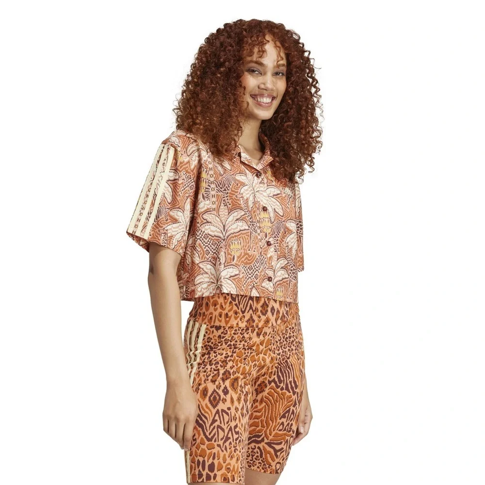 Adidas x FarmRio Orange Button Down Crop Shirt NEW - Picture 2 of 9